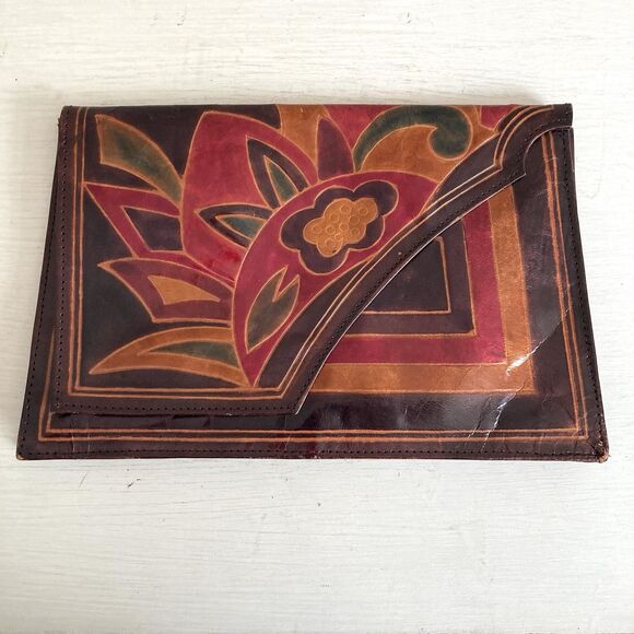 Larella Vintage Handmade Leather Clutch Hand Painted Indian Batik Indonesian - Picture 1 of 7